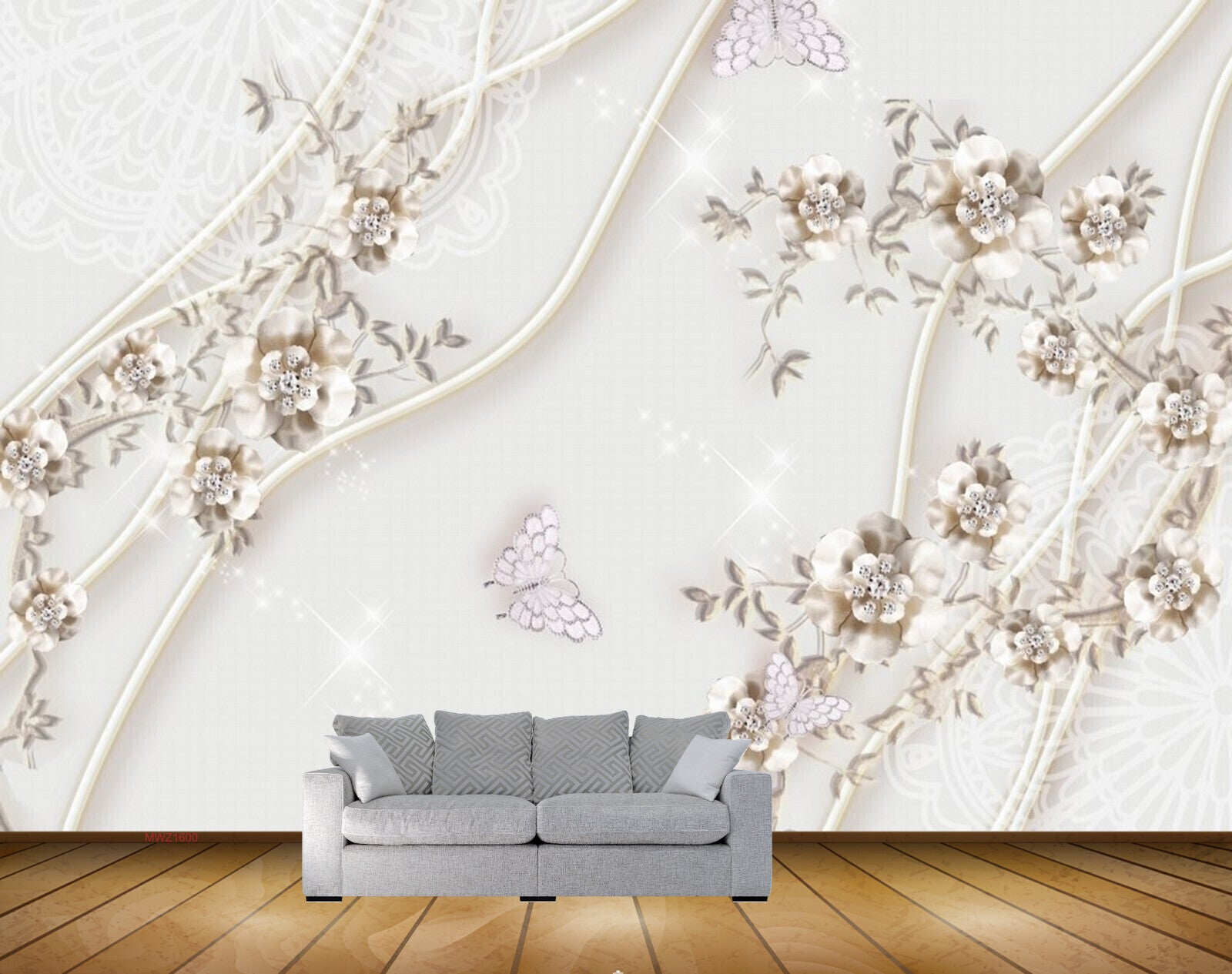 Avikalp MWZ1600 White Golden Flowers Butterflies HD Wallpaper