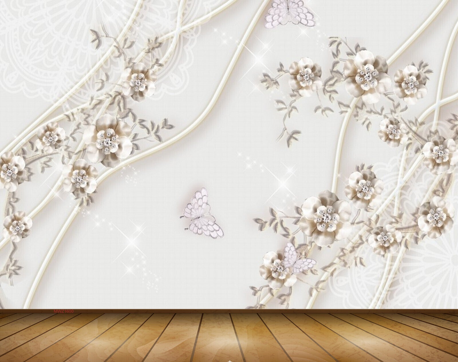 Avikalp MWZ1600 White Golden Flowers Butterflies 3D HD Wallpaper