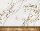 Avikalp MWZ1600 White Golden Flowers Butterflies 3D HD Wallpaper