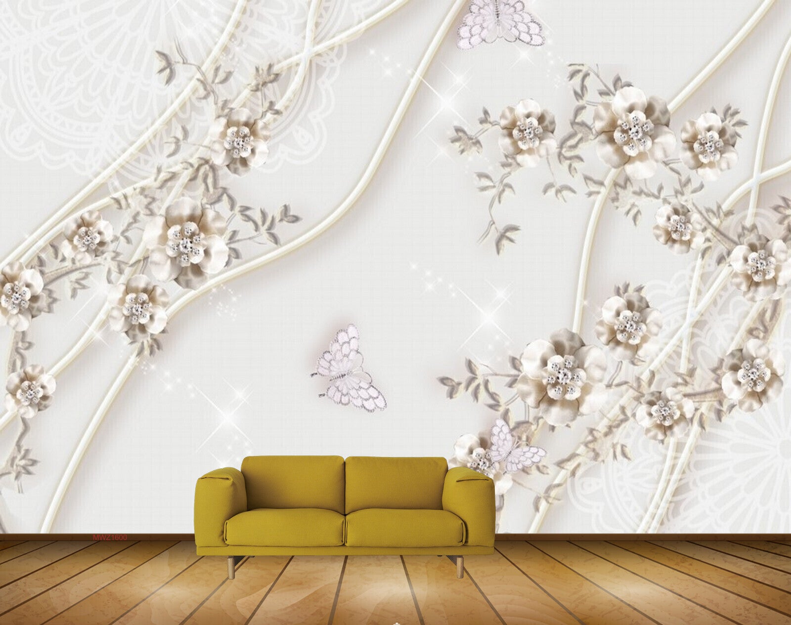 Avikalp MWZ1600 White Golden Flowers Butterflies 3D HD Wallpaper