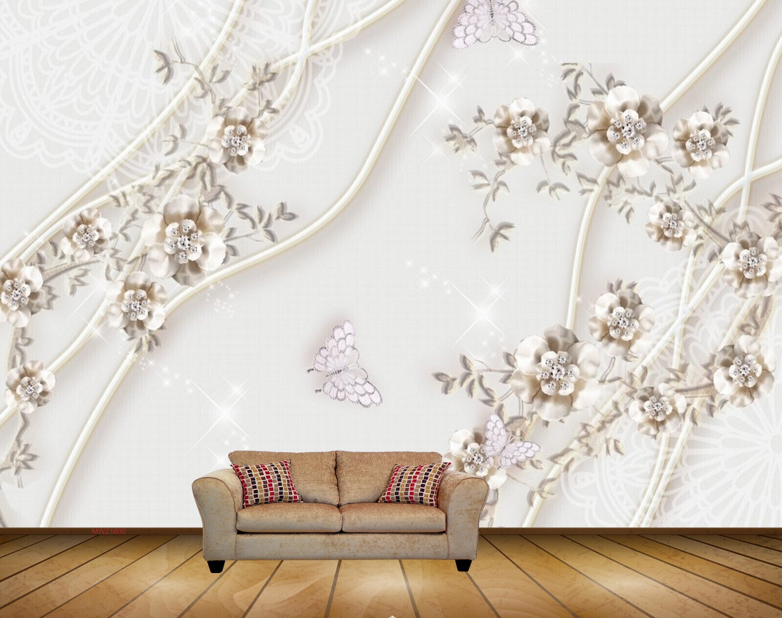 Avikalp MWZ1600 White Golden Flowers Butterflies 3D HD Wallpaper