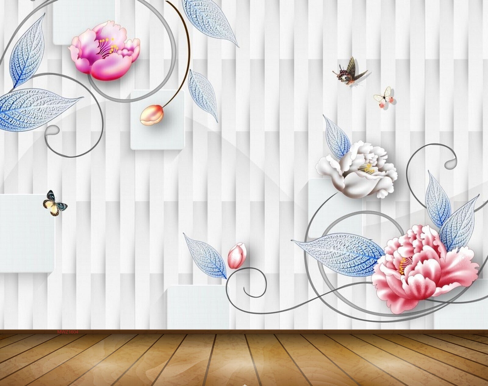Avikalp MWZ1604 White Pink Flowers Butterflies 3D HD Wallpaper