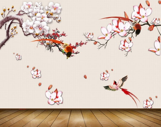 Avikalp MWZ1607 White Pink Flowers Birds 3D HD Wallpaper