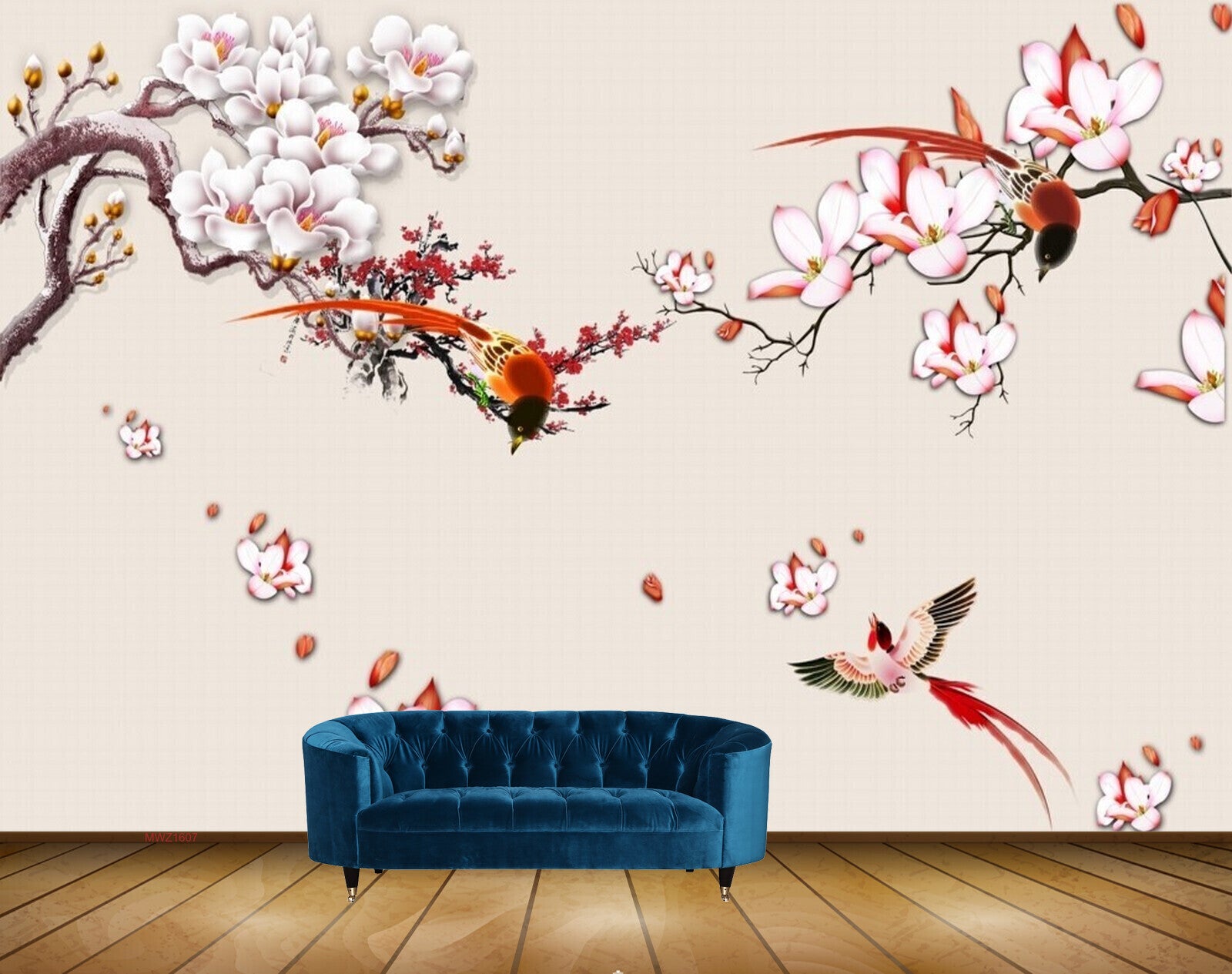 Avikalp MWZ1607 White Pink Flowers Birds 3D HD Wallpaper