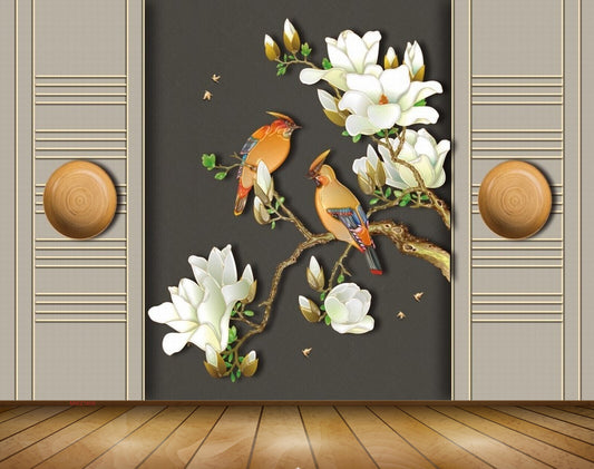 Avikalp MWZ1609 White Flowers Birds 3D HD Wallpaper