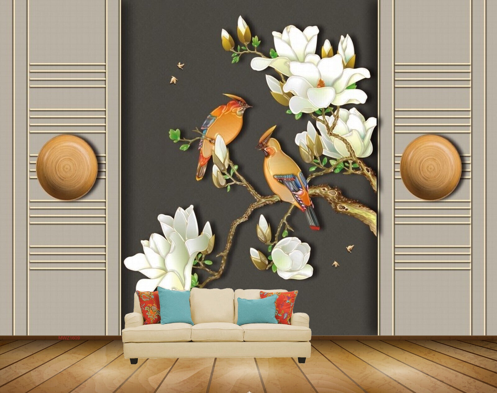 Avikalp MWZ1609 White Flowers Birds 3D HD Wallpaper
