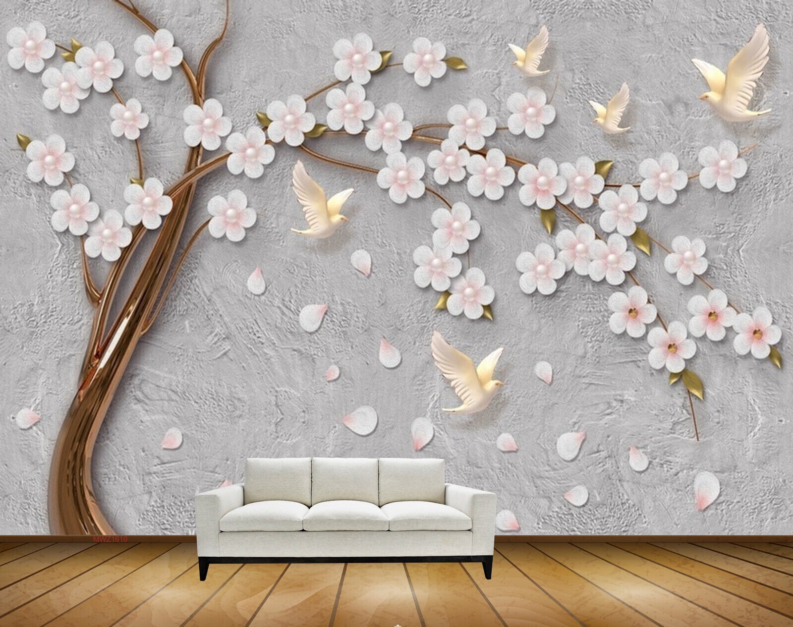 Avikalp MWZ1610 White Flowers Birds 3D HD Wallpaper