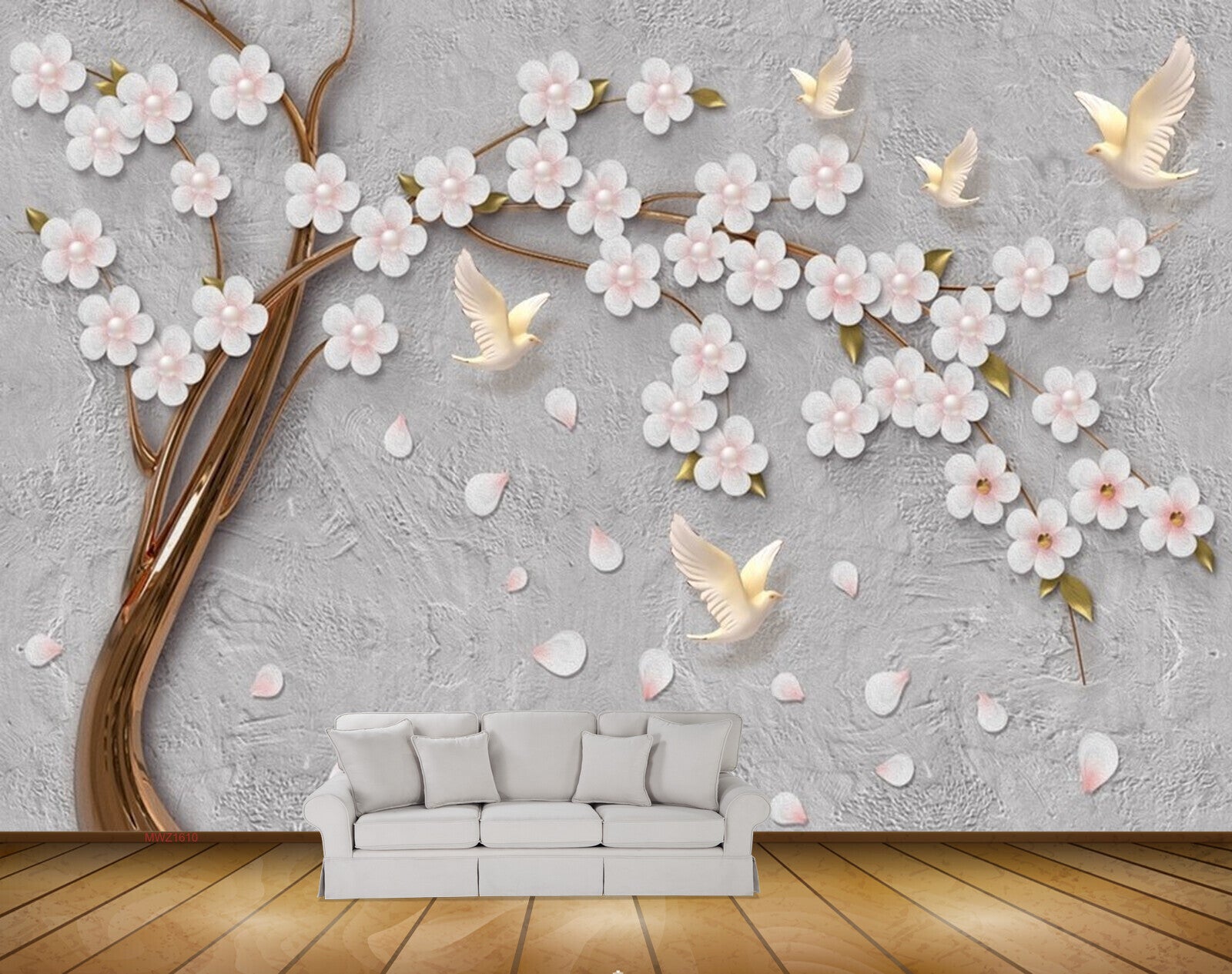 Avikalp MWZ1610 White Flowers Birds 3D HD Wallpaper