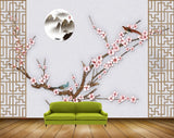 Avikalp MWZ1611 White Pink Flowers Branches Birds Moon HD Wallpaper