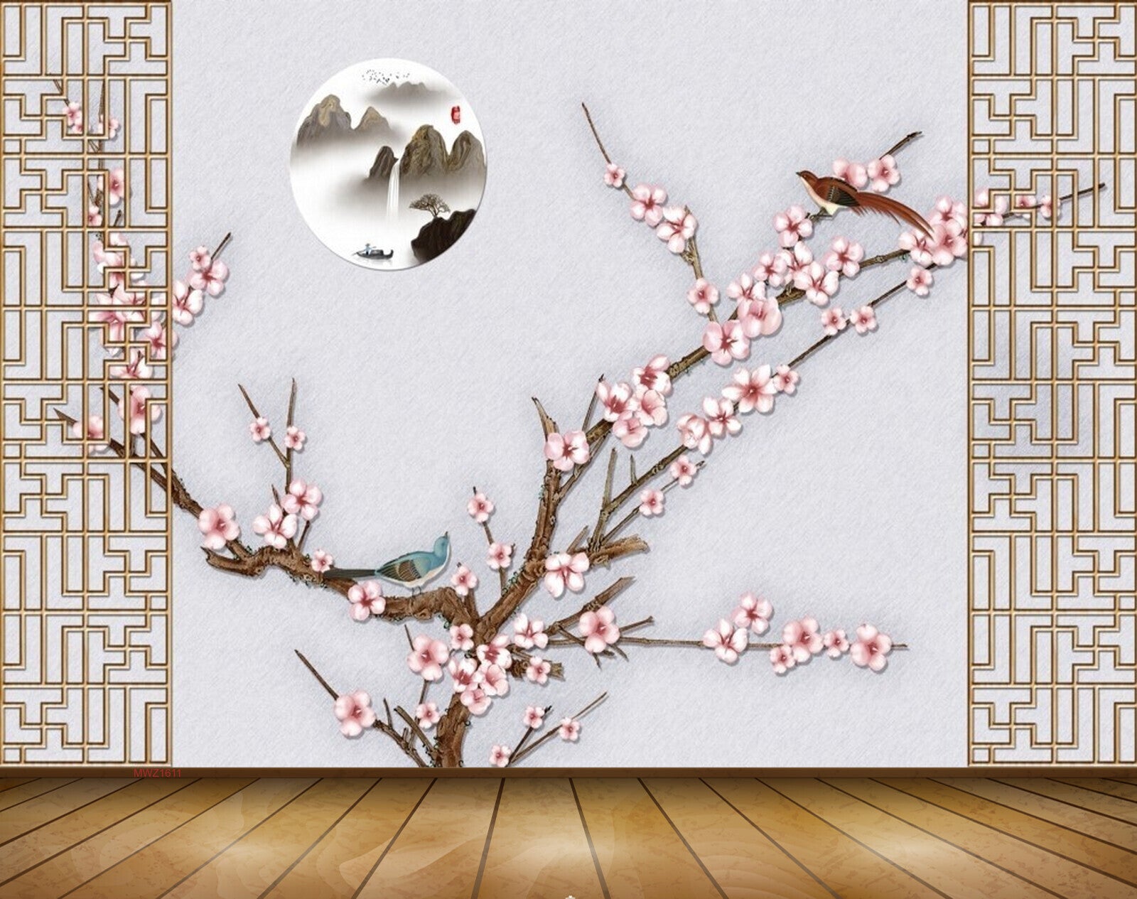 Avikalp MWZ1611 White Pink Flowers Branches Birds Moon 3D HD Wallpaper