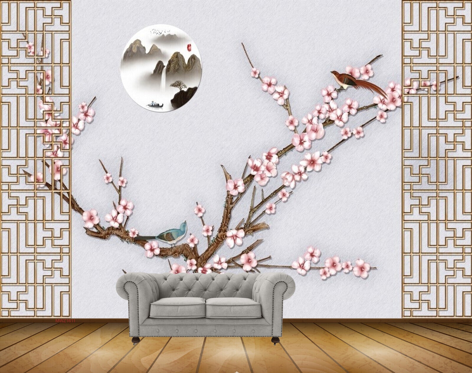 Avikalp MWZ1611 White Pink Flowers Branches Birds Moon 3D HD Wallpaper