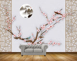 Avikalp MWZ1611 White Pink Flowers Branches Birds Moon 3D HD Wallpaper
