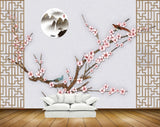 Avikalp MWZ1611 White Pink Flowers Branches Birds Moon 3D HD Wallpaper