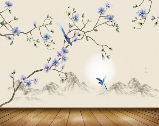 Avikalp MWZ1612 White Blue Flowers Birds 3D HD Wallpaper