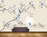 Avikalp MWZ1612 White Blue Flowers Birds 3D HD Wallpaper