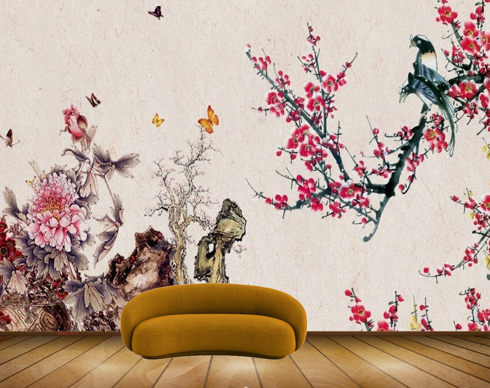 Avikalp MWZ1615 Pink White Flowers Butterflies Birds Branches HD Wallpaper