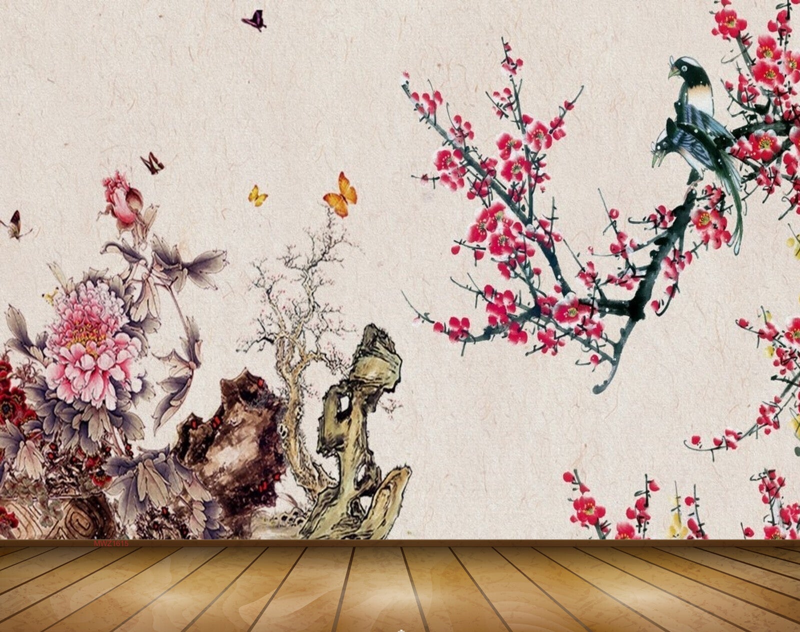 Avikalp MWZ1615 Pink White Flowers Butterflies Birds Branches 3D HD Wallpaper