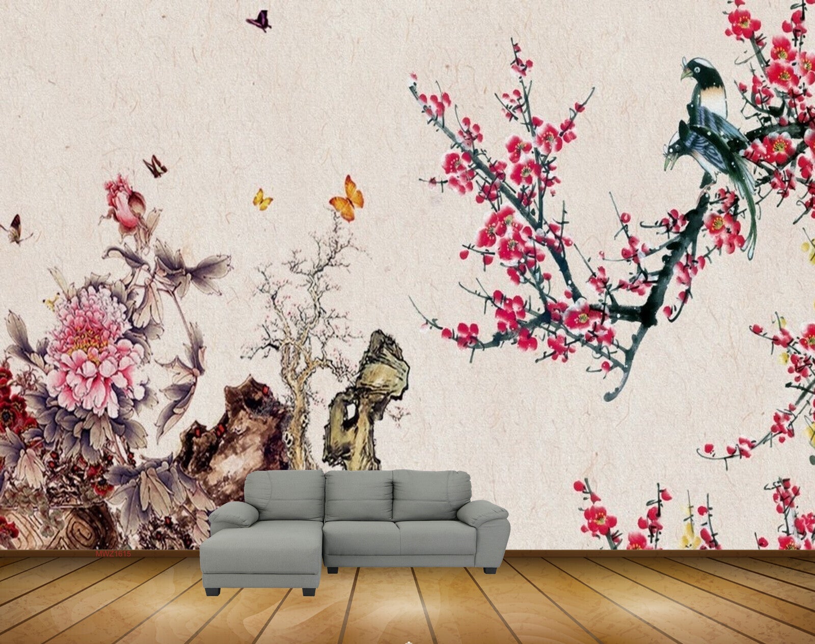 Avikalp MWZ1615 Pink White Flowers Butterflies Birds Branches 3D HD Wallpaper
