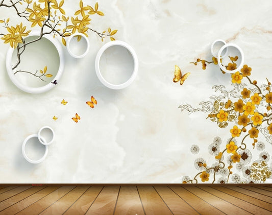 Avikalp MWZ1617 Yellow Flowers Butterflies Trees 3D HD Wallpaper