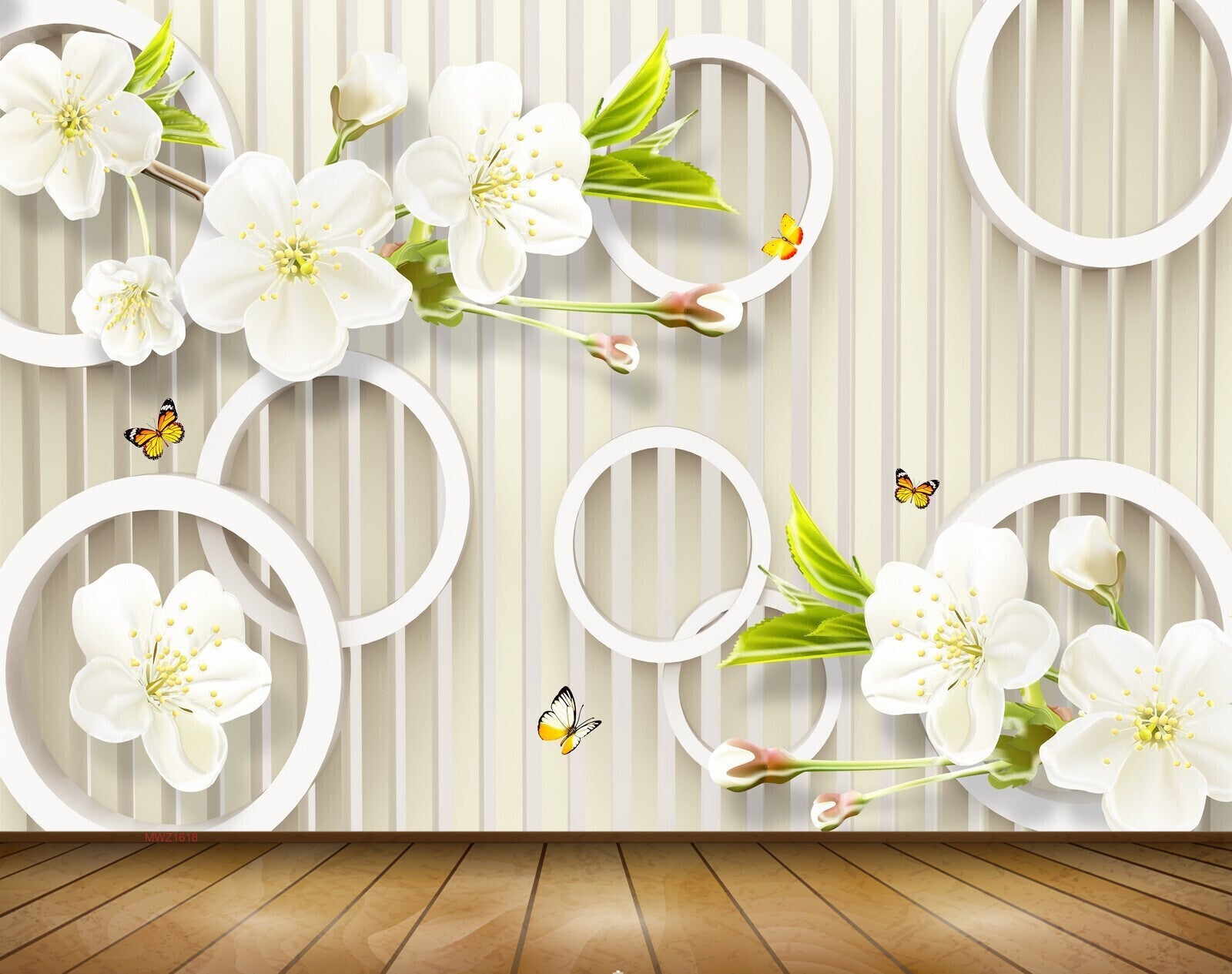 Avikalp MWZ1618 White Flowers Butterflies 3D HD Wallpaper