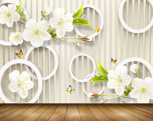 Avikalp MWZ1618 White Flowers Butterflies 3D HD Wallpaper