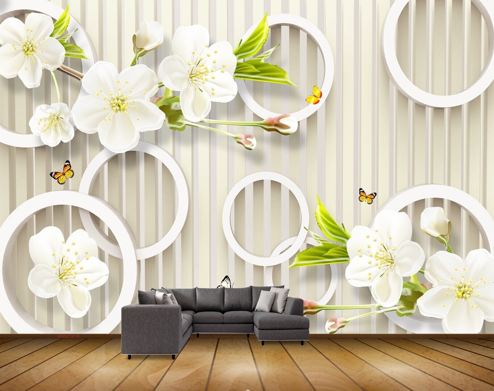 Avikalp MWZ1618 White Flowers Butterflies 3D HD Wallpaper