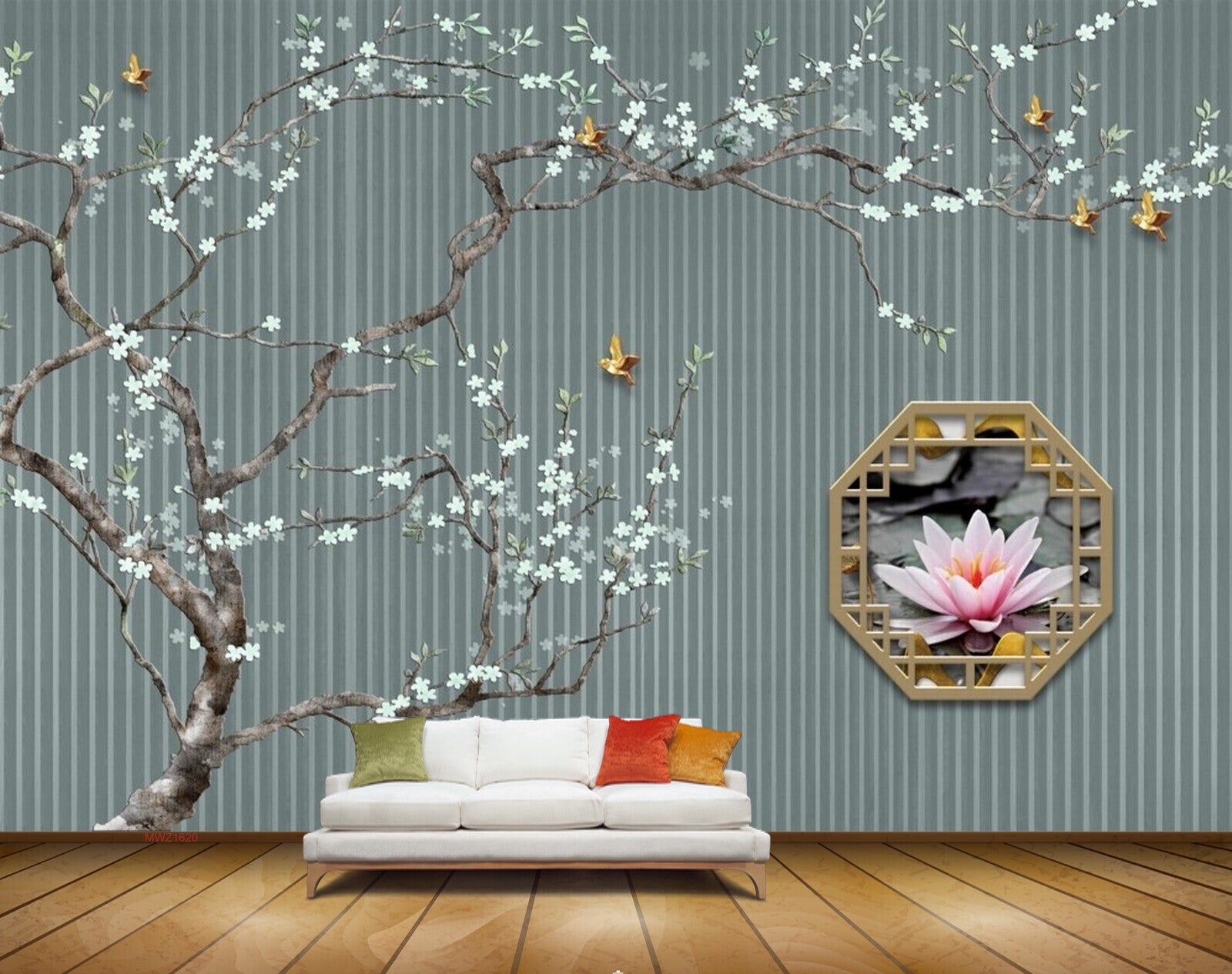 Avikalp MWZ1620 Pink White Lotus Flowers Butterflies HD Wallpaper