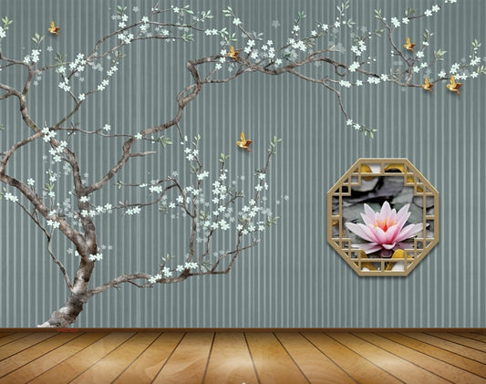 Avikalp MWZ1620 Pink White Lotus Flowers Butterflies 3D HD Wallpaper