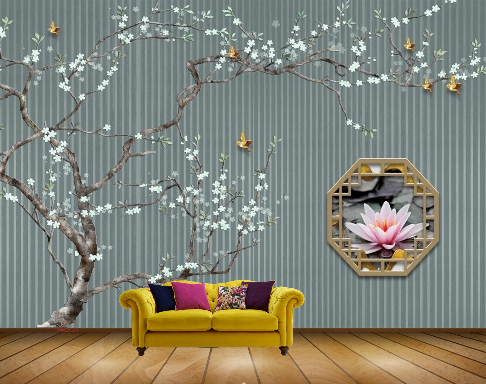 Avikalp MWZ1620 Pink White Lotus Flowers Butterflies 3D HD Wallpaper