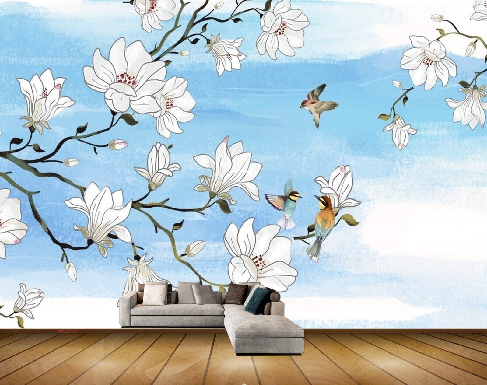 Avikalp MWZ1621 White Flowers Birds 3D HD Wallpaper