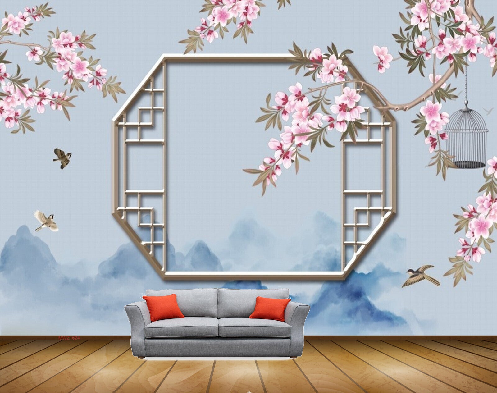 Avikalp MWZ1624 Pink White Flowers Birds 3D HD Wallpaper