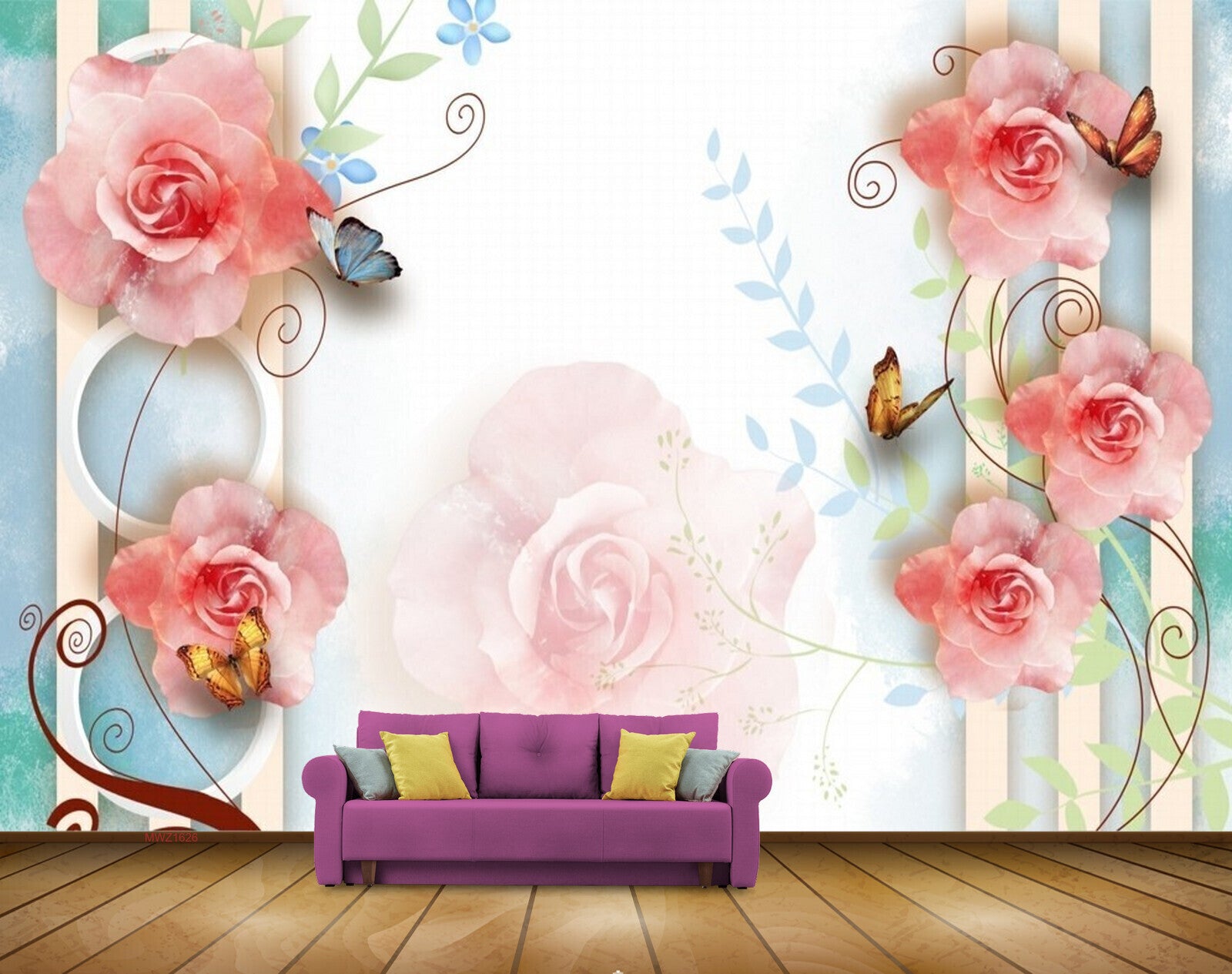 Avikalp MWZ1626 Pink Rose Flowers Butterflies 3D HD Wallpaper