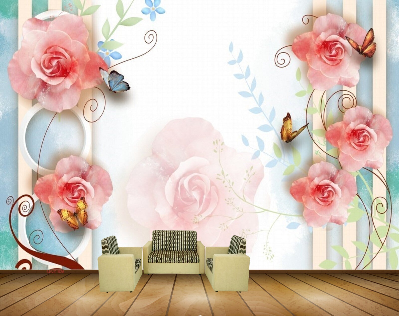 Avikalp MWZ1626 Pink Rose Flowers Butterflies 3D HD Wallpaper