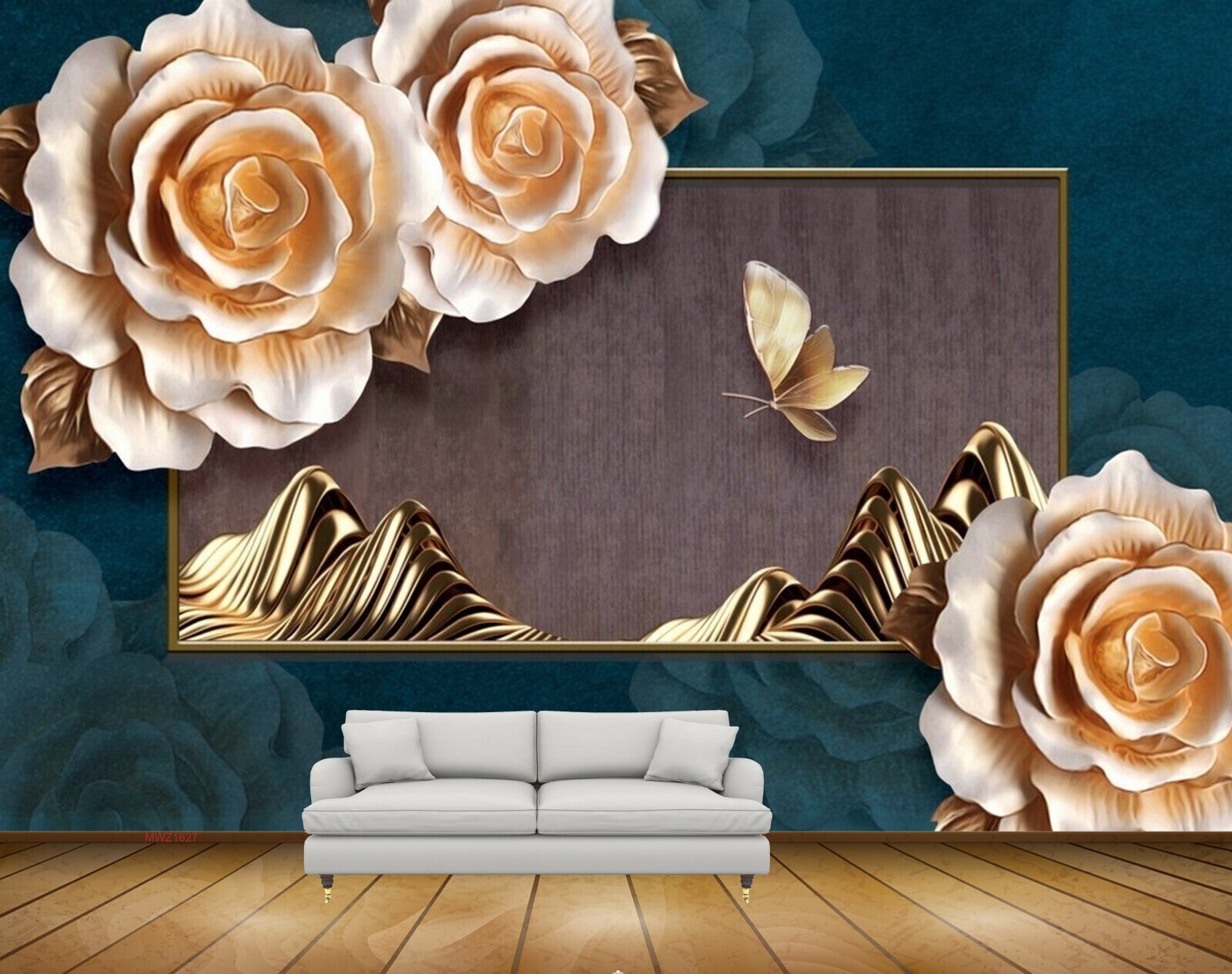 Avikalp MWZ1627 White Golden Flowers Butterflies HD Wallpaper