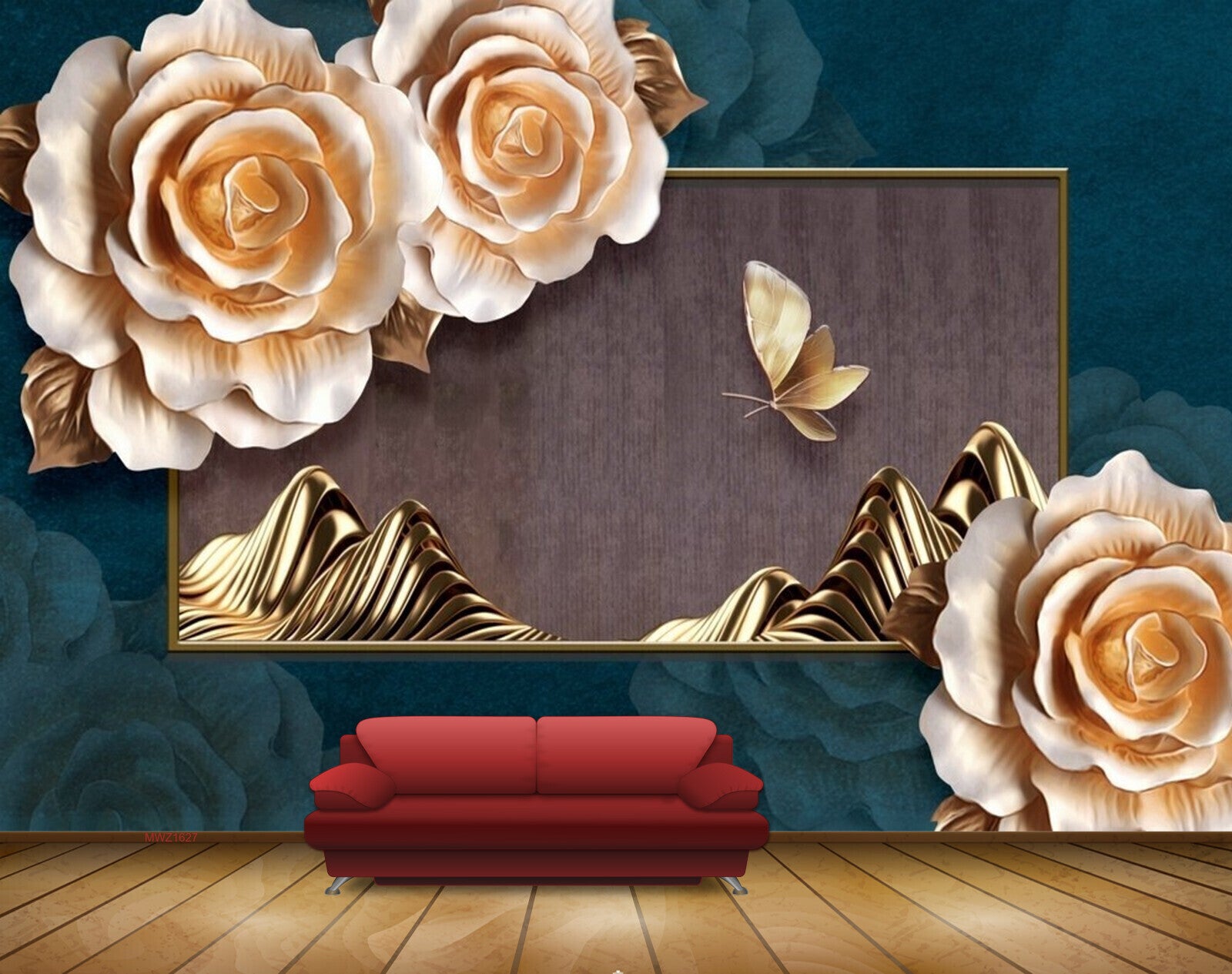 Avikalp MWZ1627 White Golden Flowers Butterflies 3D HD Wallpaper