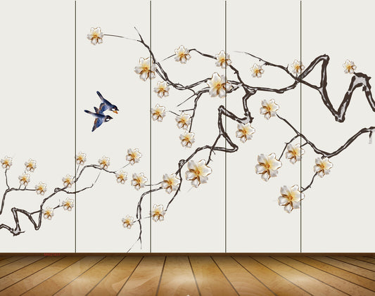 Avikalp MWZ1631 White Yellow Flowers Birds 3D HD Wallpaper