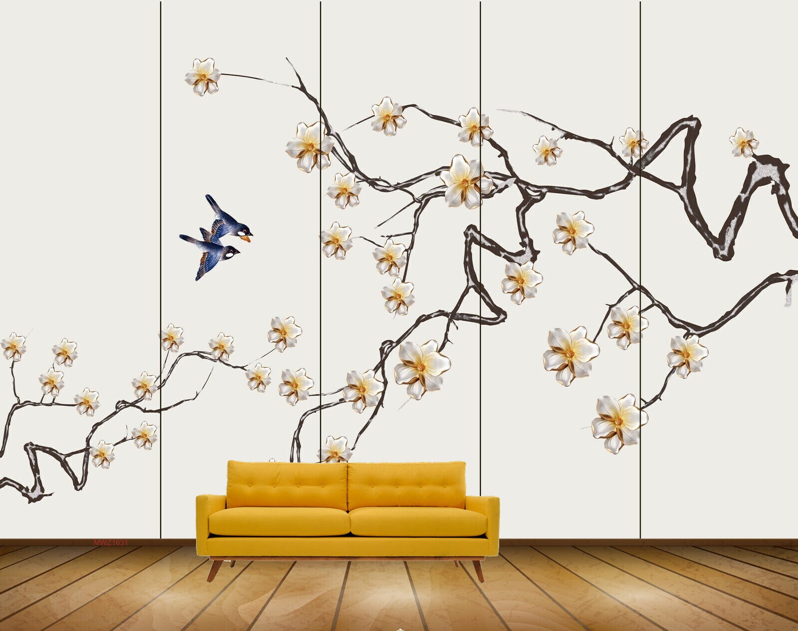 Avikalp MWZ1631 White Yellow Flowers Birds 3D HD Wallpaper