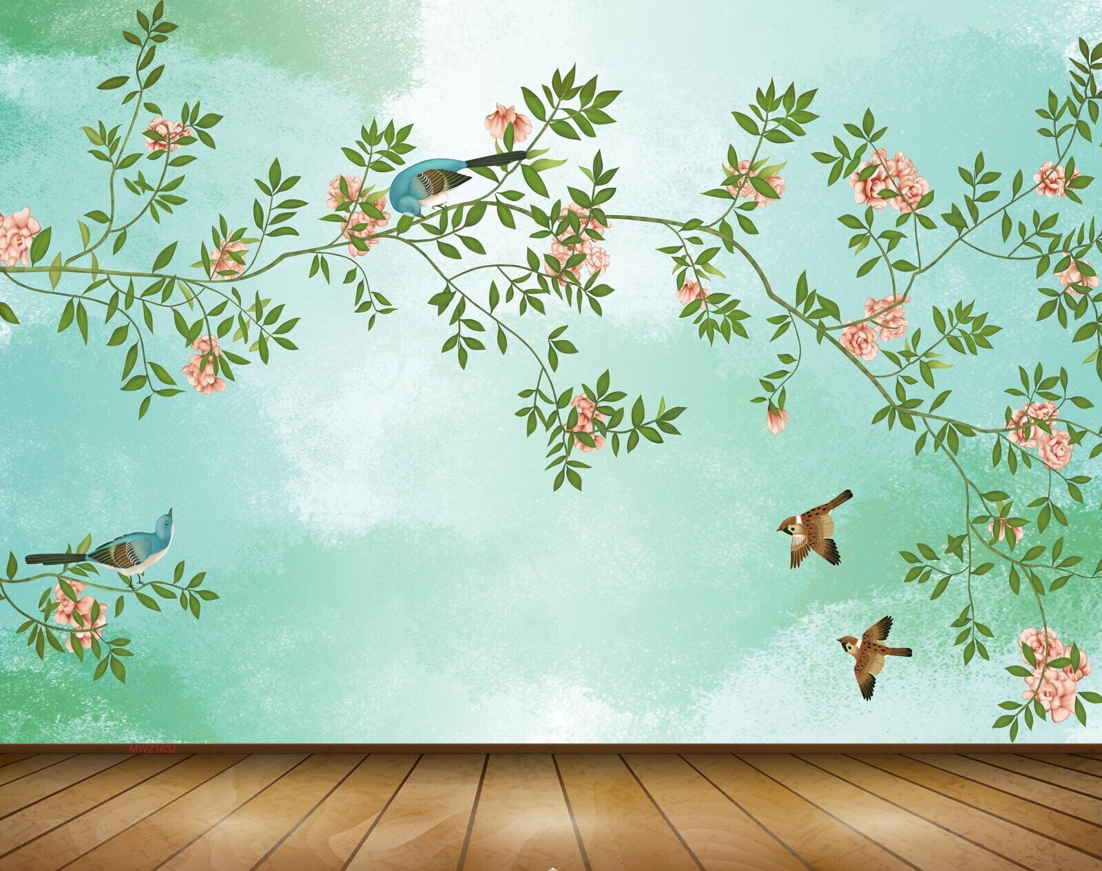 Avikalp MWZ1632 Peach Flowers Leaves Birds 3D HD Wallpaper