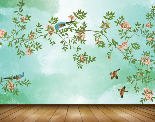 Avikalp MWZ1632 Peach Flowers Leaves Birds 3D HD Wallpaper
