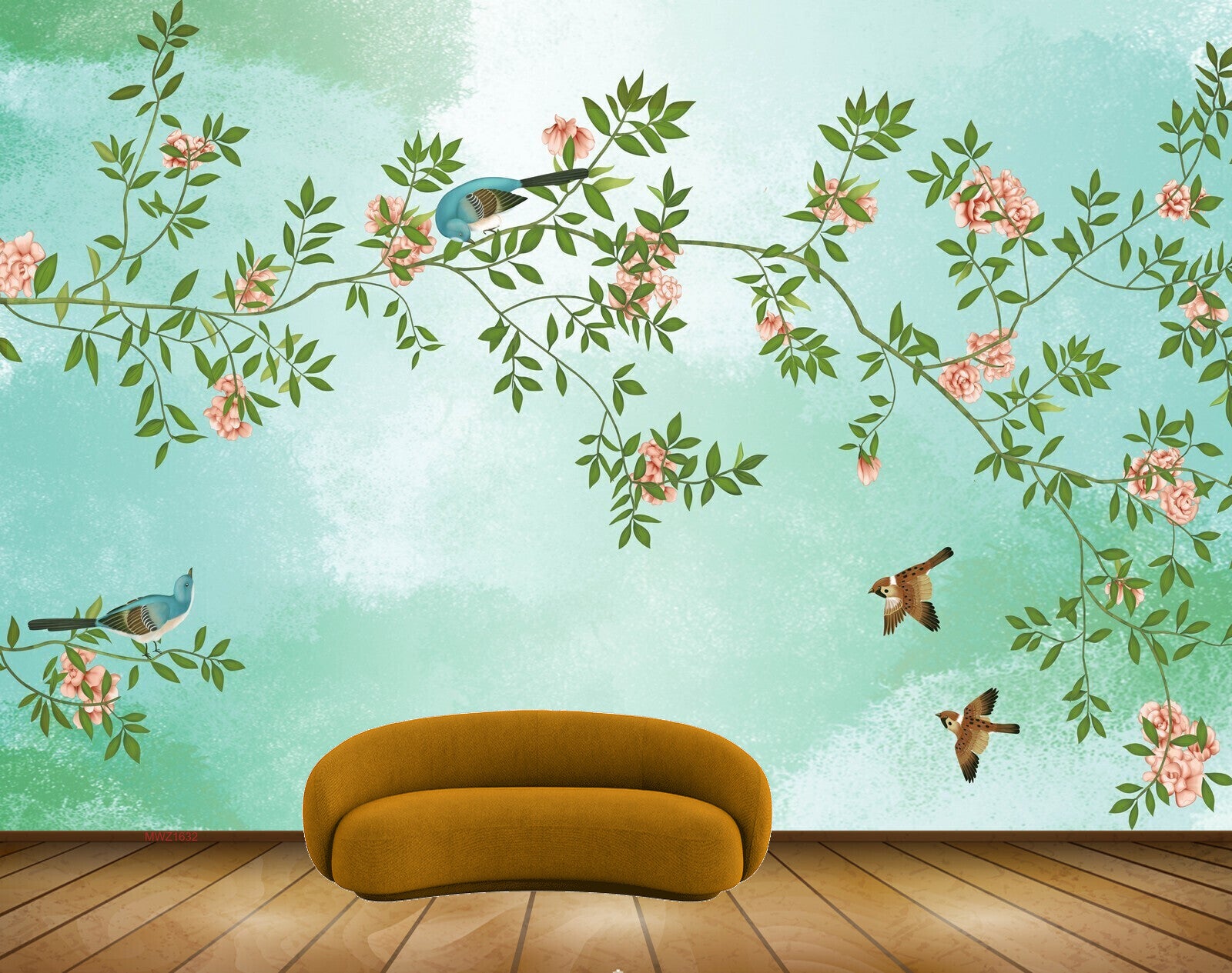 Avikalp MWZ1632 Peach Flowers Leaves Birds 3D HD Wallpaper
