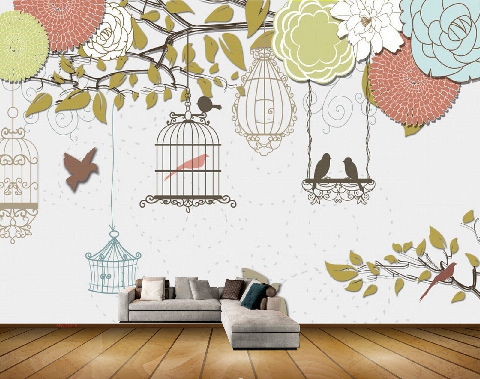Avikalp MWZ1638 Trees Birds Cage 3D HD Wallpaper