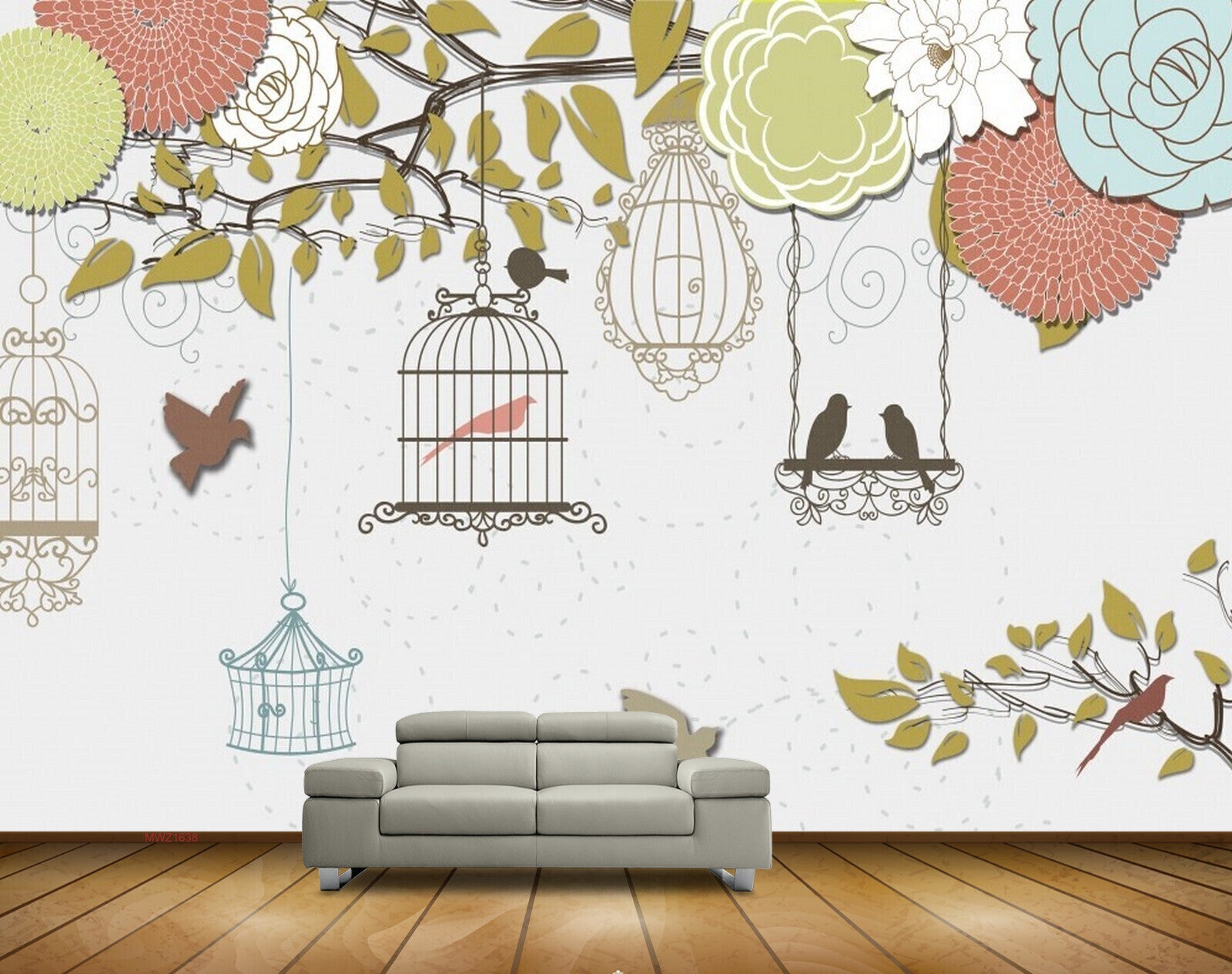 Avikalp MWZ1638 Trees Birds Cage 3D HD Wallpaper