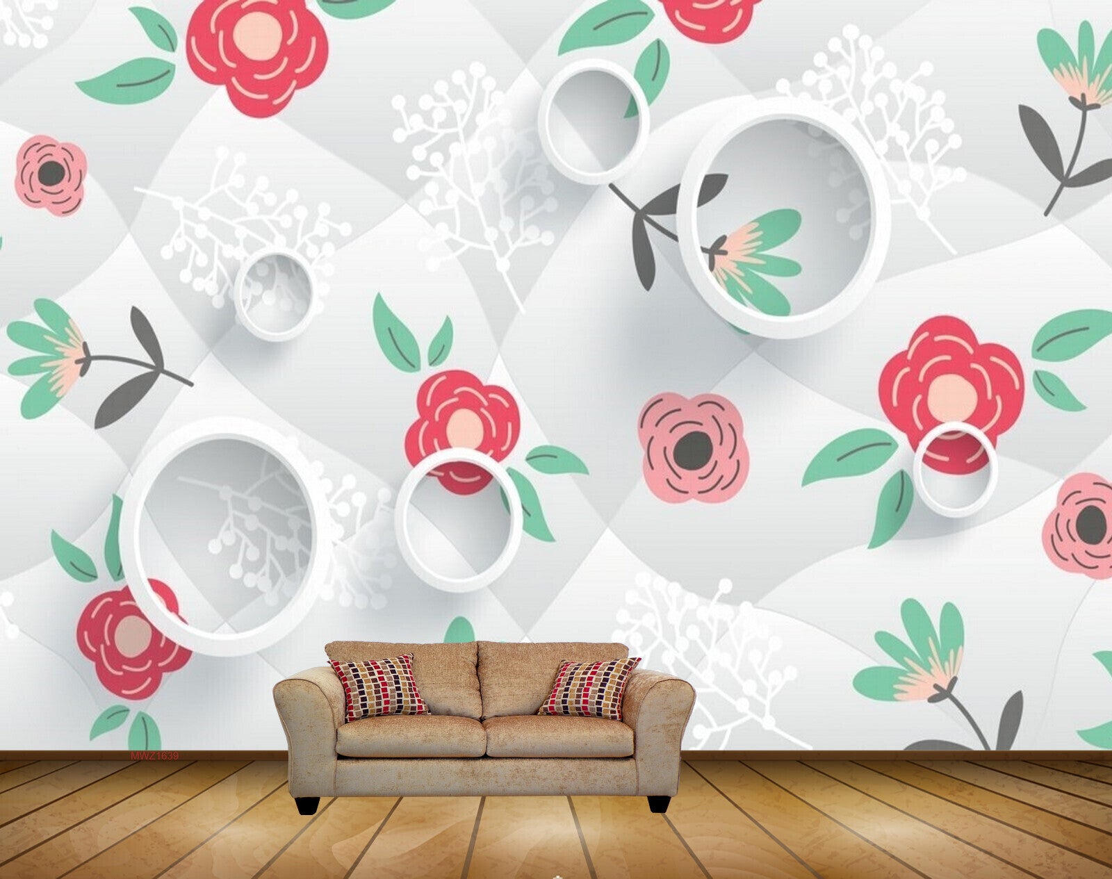 Avikalp MWZ1639 Red Pink Flowers Leaves 3D HD Wallpaper