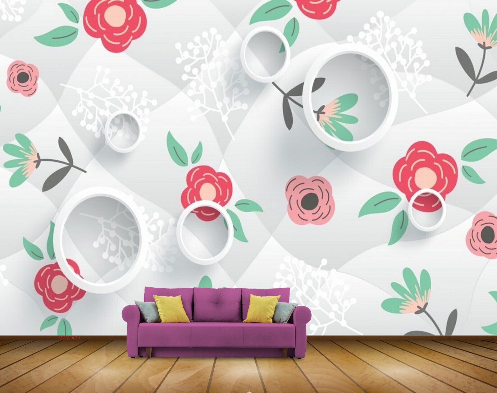 Avikalp MWZ1639 Red Pink Flowers Leaves 3D HD Wallpaper