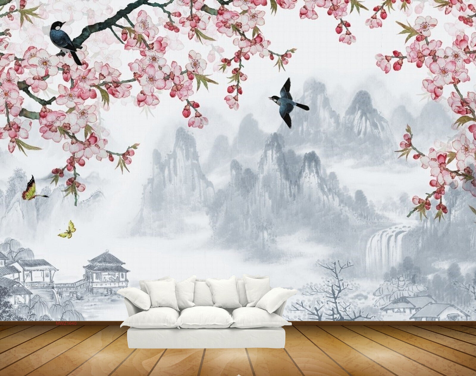 Avikalp MWZ1640 White Pink Flowers Birds Butterflies HD Wallpaper