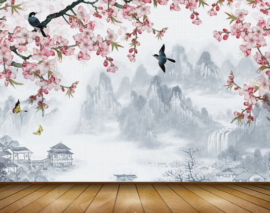Avikalp MWZ1640 White Pink Flowers Birds Butterflies 3D HD Wallpaper