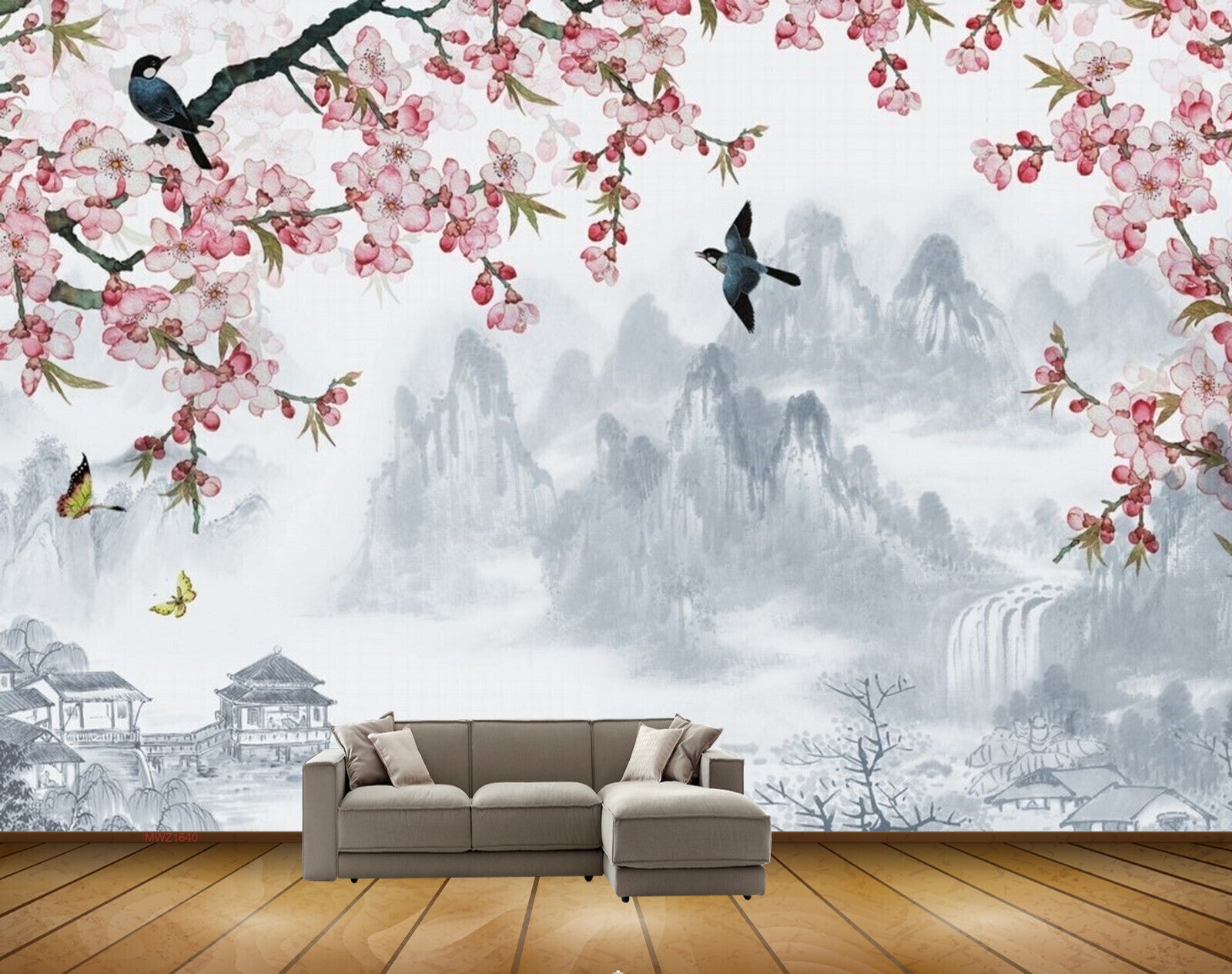 Avikalp MWZ1640 White Pink Flowers Birds Butterflies 3D HD Wallpaper
