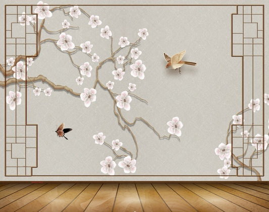 Avikalp MWZ1642 White Flowers Birds Branches 3D HD Wallpaper