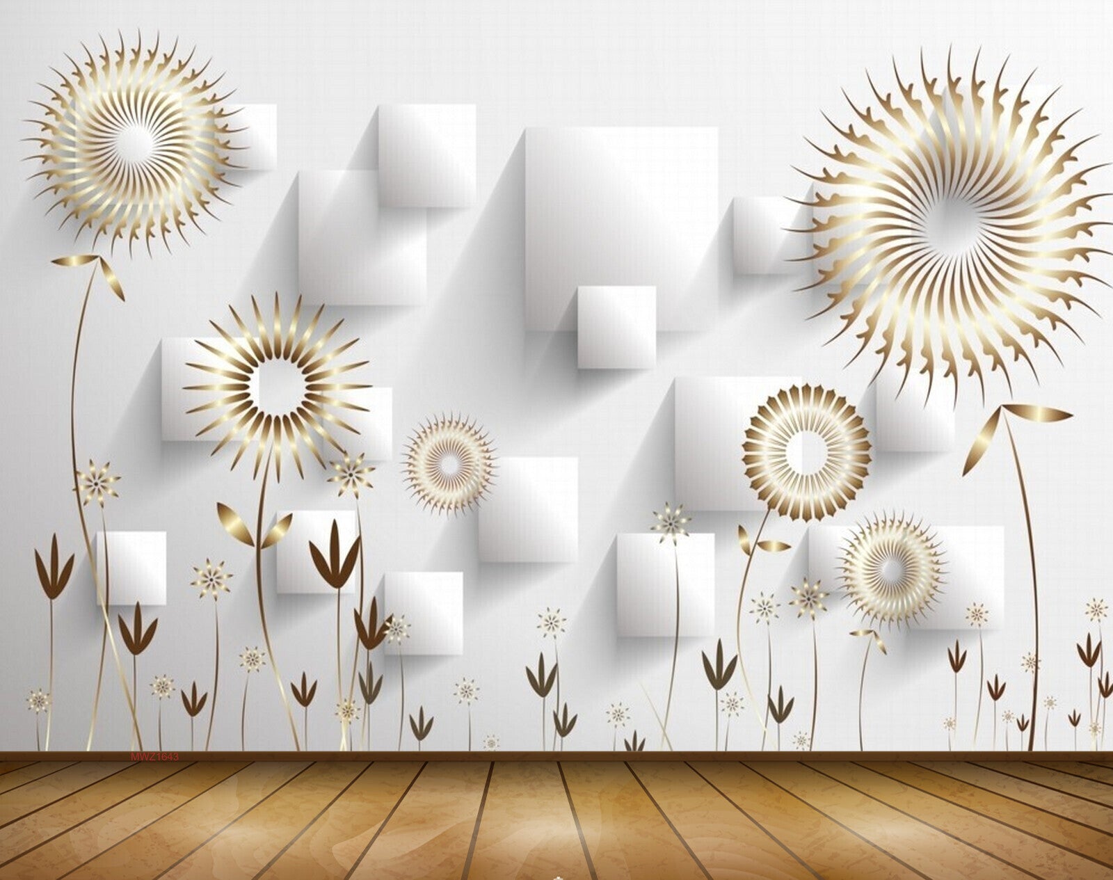 Avikalp MWZ1643 Golden Flowers Leaves 3D HD Wallpaper