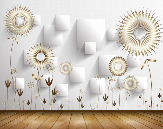 Avikalp MWZ1643 Golden Flowers Leaves 3D HD Wallpaper